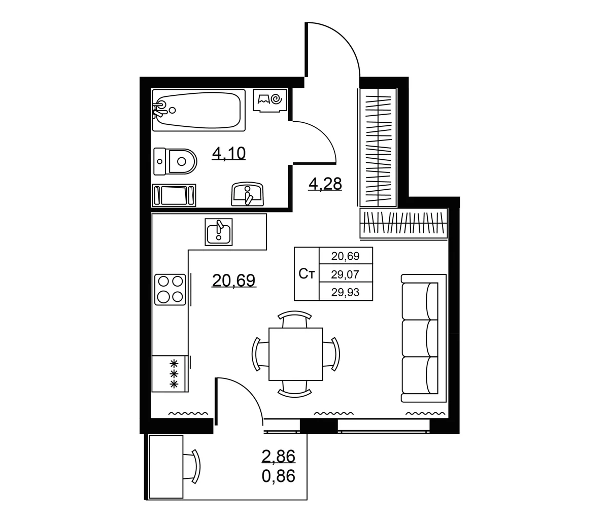 Планировка: Студия 29,1 м² в ЖК «Пулковское, 34»