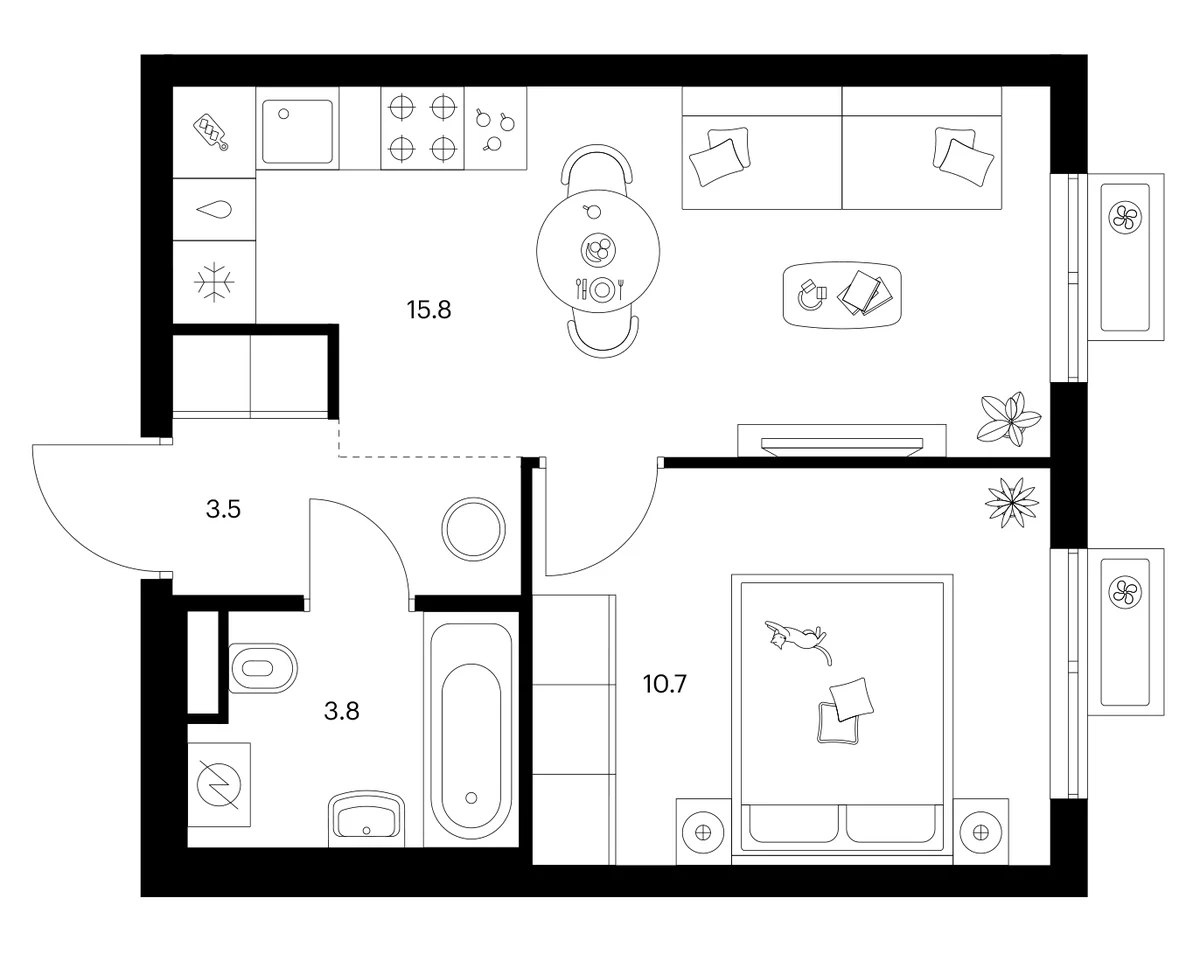 Планировка: 1-комнатная квартира 33,8 м² в ЖК «Ярославский»