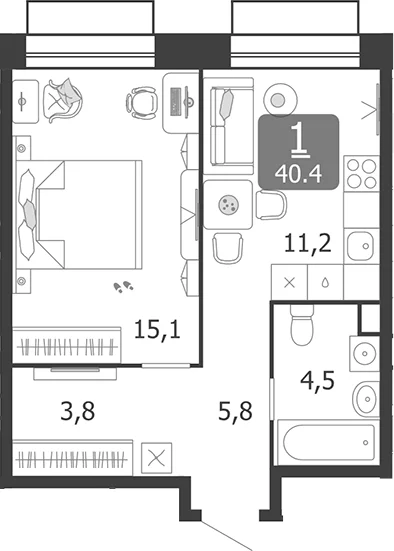 Планировка: 1-комнатная квартира 40,4 м² в ЖК «Шагал»