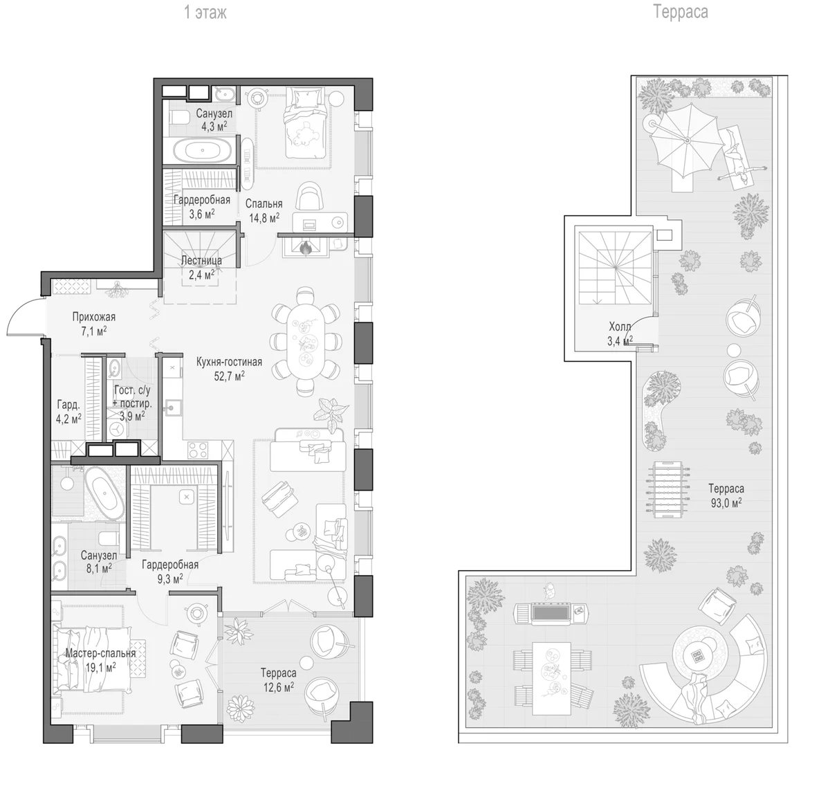 Планировка: Евротрёшка 136,1 м² в ЖК «Клубный квартал Фрунзенский»