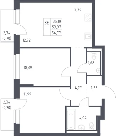Планировка: Евротрёшка 53,4 м² в ЖК «Горки Парк»