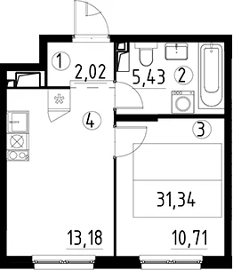 Планировка: 1-комнатная квартира 31,3 м² в ЖК «А101 Лаголово»