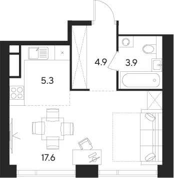 Планировка: Студия 31,7 м² в ЖК «Инди Тауэрз от Аквилон»