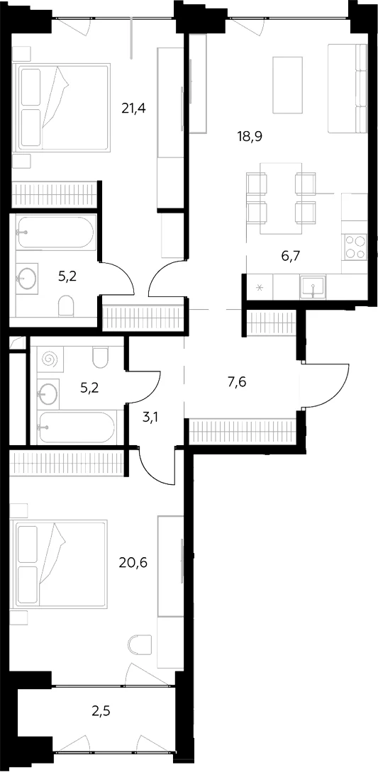Планировка: Евротрёшка 88,7 м² в ЖК «Монблан»
