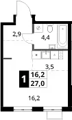Планировка: Студия 27 м² в ЖК «1-й Ясеневский»