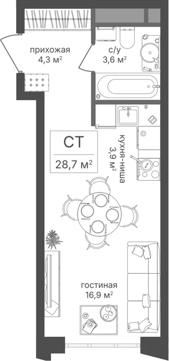 Планировка: Студия 28,7 м² в ЖК «Михалковский»