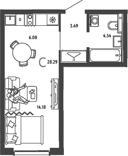 Планировка: Студия 28,3 м² в ЖК «Страна.Парковая»