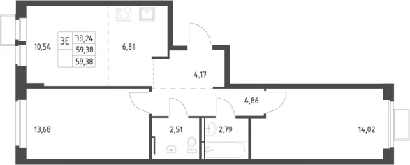 Планировка: Евротрёшка 59,4 м² в ЖК «Новое Видное»