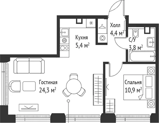 Планировка: Евродвушка 48,8 м² в ЖК «СЕТ»