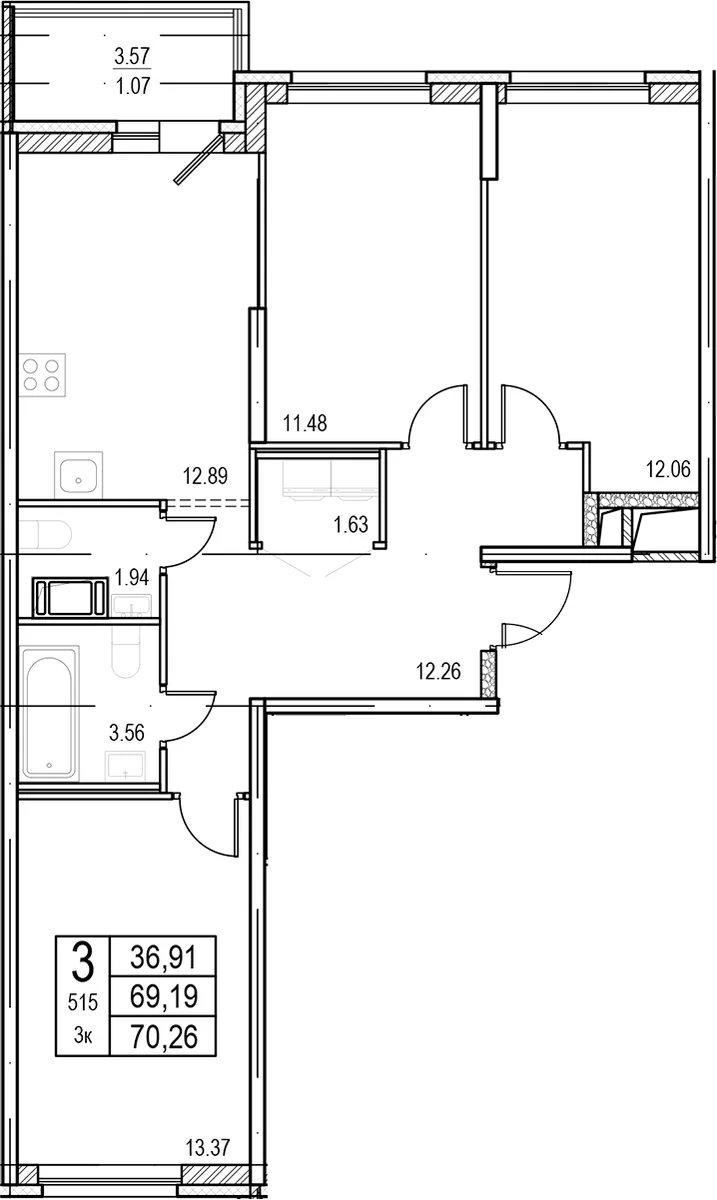 Планировка: 3-комнатная квартира 69,2 м² в ЖК «ID Murino III»