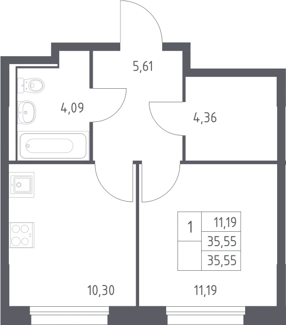 Планировка: 1-комнатная квартира 35,6 м² в ЖК «Прибрежный Парк»