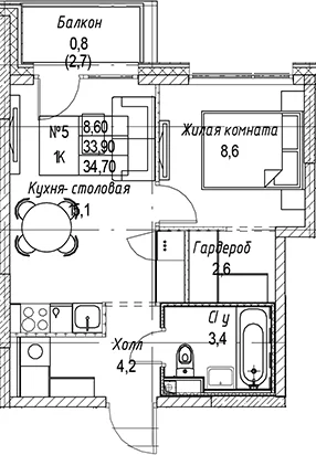 Планировка: Евродвушка 33,9 м² в ЖК «Бусиновский парк»