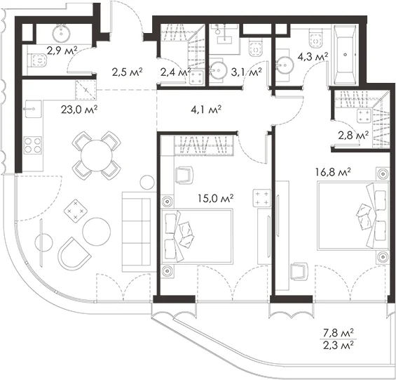 Планировка: Евротрёшка 79,1 м² в ЖК «КИНГ&САНС»