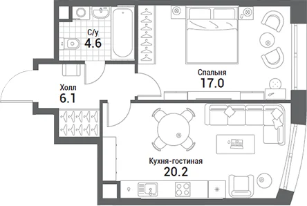 Планировка: Евродвушка 47,9 м² в ЖК «Нагатино Ай-Лэнд»