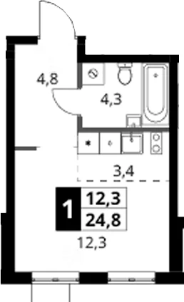 Планировка: Студия 24,8 м² в ЖК «1-й Ясеневский»