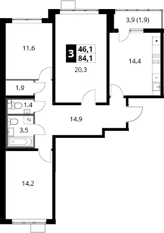 Планировка: 3-комнатная квартира 82,2 м² в ЖК «1-й Южный»