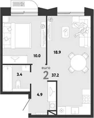 Планировка: Евродвушка 37,2 м² в ЖК «Страна.Заречная»