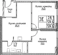 Планировка: Евротрёшка 59,6 м² в ЖК «Наметкин Тауэр»