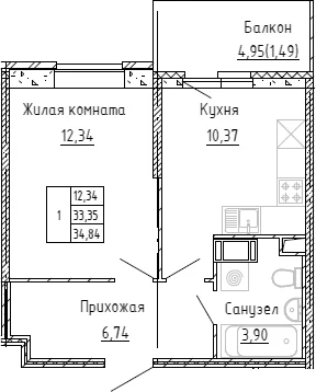 Планировка: 1-комнатная квартира 32,7 м² в ЖК «Аквилон Stories»