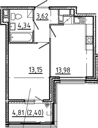 Планировка: 1-комнатная квартира 35,1 м² в ЖК «Новгородская 8»