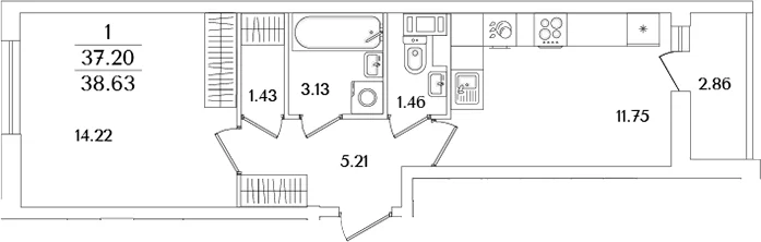 Планировка: 1-комнатная квартира 37,2 м² в ЖК «Кинопарк»