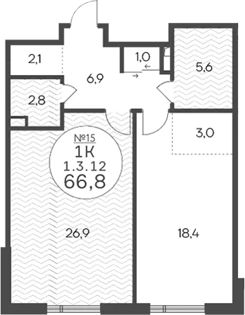 Планировка: Евродвушка 66,8 м² в ЖК «Клубный квартал КРЫЛАТСКАЯ 33»