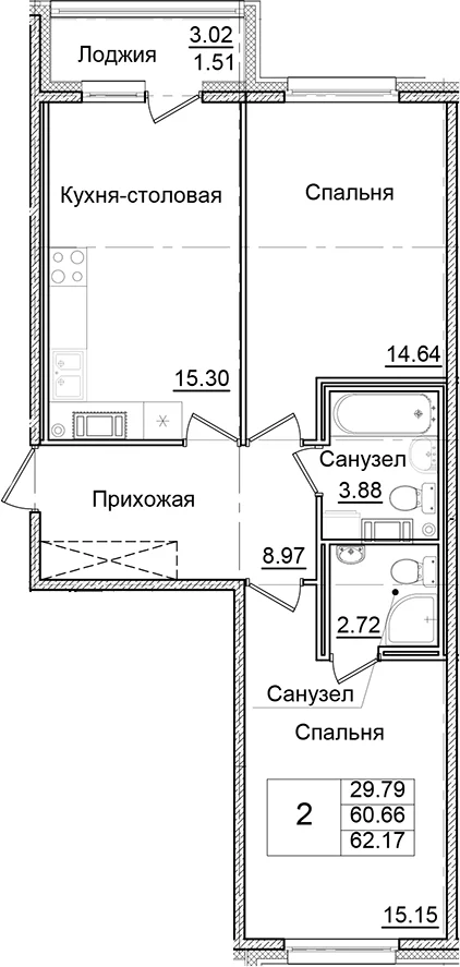 Планировка: 2-комнатная квартира 60,7 м² в ЖК «Квартал Заречье»