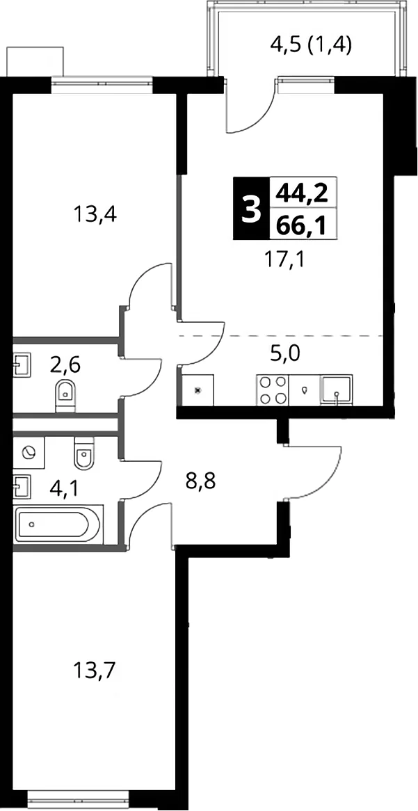 Планировка: Евротрёшка 65,7 м² в ЖК «1-й Ясеневский»