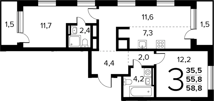 Планировка: Евротрёшка 55,8 м² в ЖК «Новые Ватутинки Квартал у реки»
