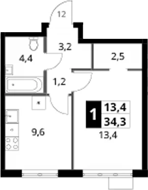 Планировка: 1-комнатная квартира 34,3 м² в ЖК «1-й Ясеневский»