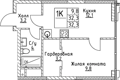 Планировка: 1-комнатная квартира 32,3 м² в ЖК «ВЭРИ на Миклухо-Маклая»