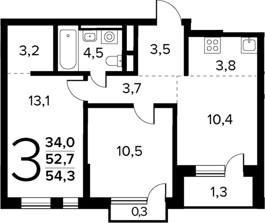 Планировка: Евротрёшка 52,7 м² в ЖК «Новые Ватутинки Квартал у реки»