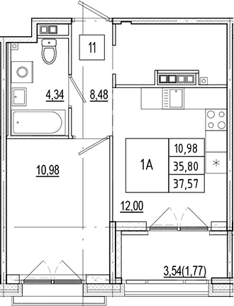 Планировка: 1-комнатная квартира 35,8 м² в ЖК «Ranta Residence»