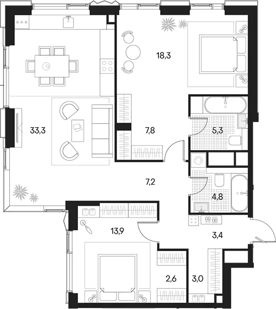 Планировка: Евротрёшка 99,6 м² в ЖК «Клубный город на реке Примавера»