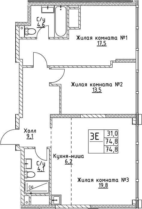 Планировка: Евротрёшка 74,8 м² в ЖК «ВЭРИ на Миклухо-Маклая»