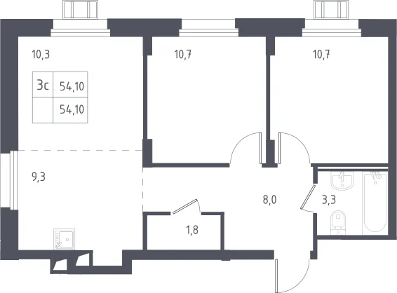 Планировка: Евротрёшка 54,6 м² в ЖК «Люберцы»
