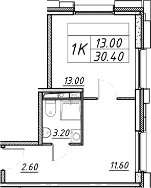 Планировка: 1-комнатная квартира 30,4 м² в ЖК «АВЕНЮ-АПАРТ ПУЛКОВО»