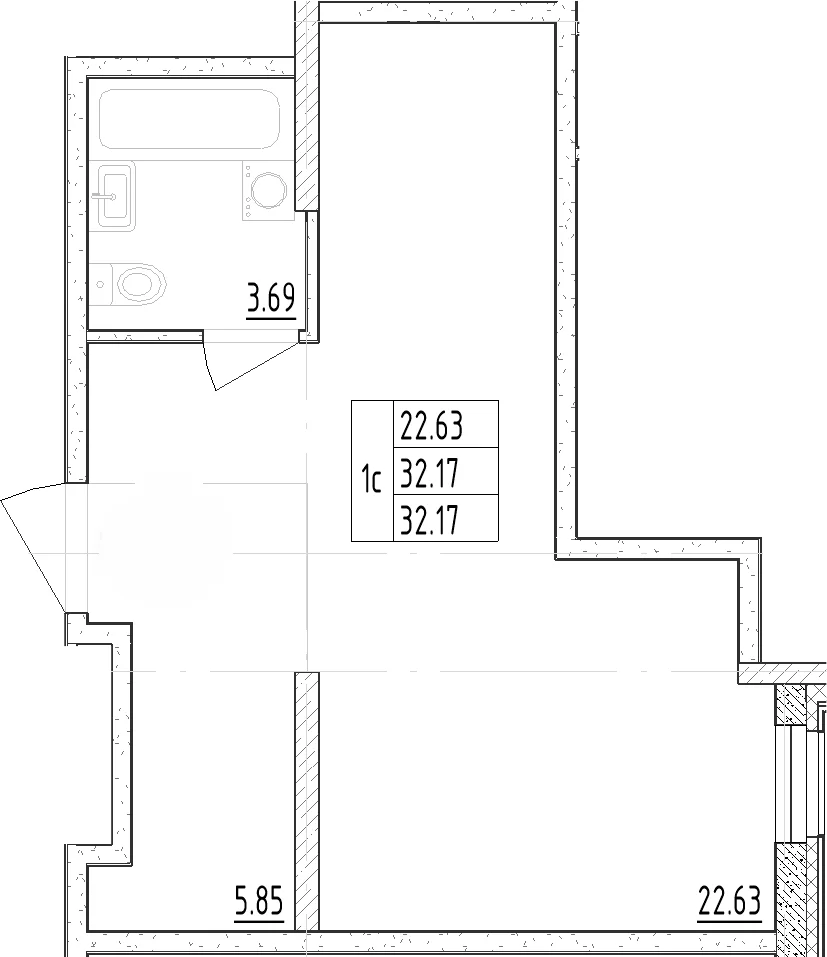 Планировка: Студия 33,2 м² в ЖК «Зум Черная Речка»