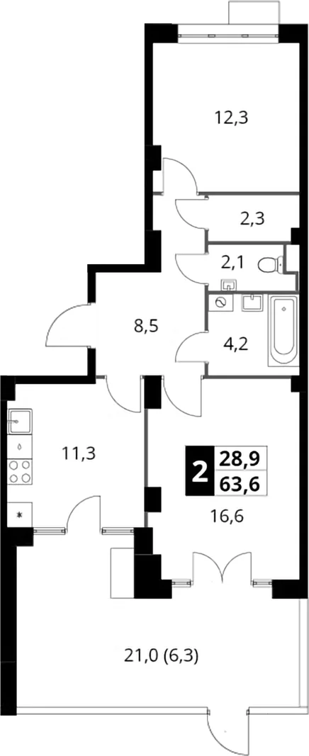Планировка: 2-комнатная квартира 57,3 м² в ЖК «Южная Битца»
