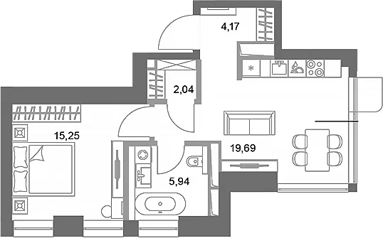 Планировка: 1-комнатная квартира 47,1 м² в ЖК «ФАЙВ ТАУЭРС»