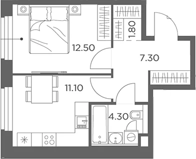Планировка: 1-комнатная квартира 37 м² в ЖК «Белый Град»