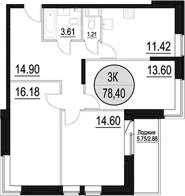 Планировка: 3-комнатная квартира 75,5 м² в ЖК «Солнечный Парк»