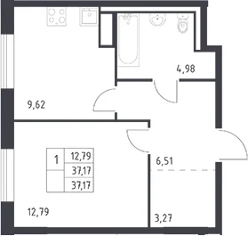 Планировка: 1-комнатная квартира 37,2 м² в ЖК «Квартал Лаголово»