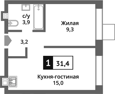 Планировка: Евродвушка 31,4 м² в ЖК «Никольский квартал Отрада»