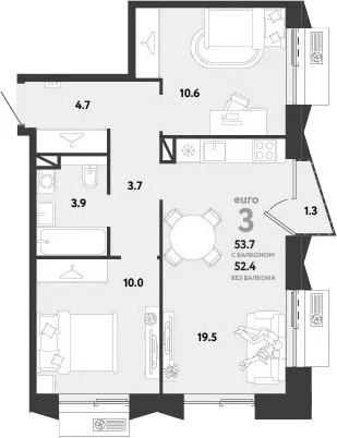 Планировка: Евротрёшка 52,4 м² в ЖК «Страна.Заречная»