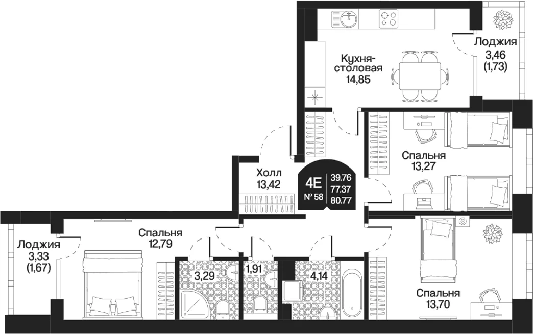 Планировка: Квартира евро-4 77,4 м² в ЖК «Охтинские высоты»