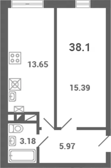Планировка: 1-комнатная квартира 38,1 м² в ЖК «Южная Долина»