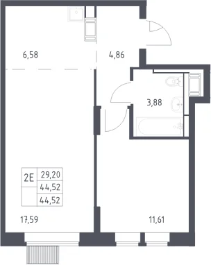 Планировка: Евродвушка 44,5 м² в ЖК «Большое Путилково»