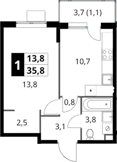 Планировка: 1-комнатная квартира 34,7 м² в ЖК «1-й Шереметьевский»
