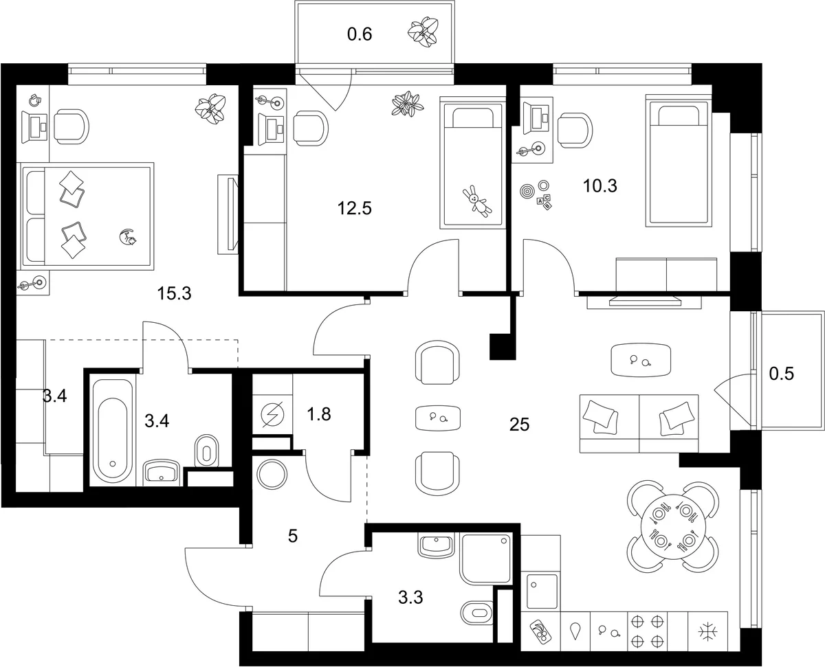 Планировка: 3-комнатная квартира 80 м² в ЖК «Бунинская набережная»